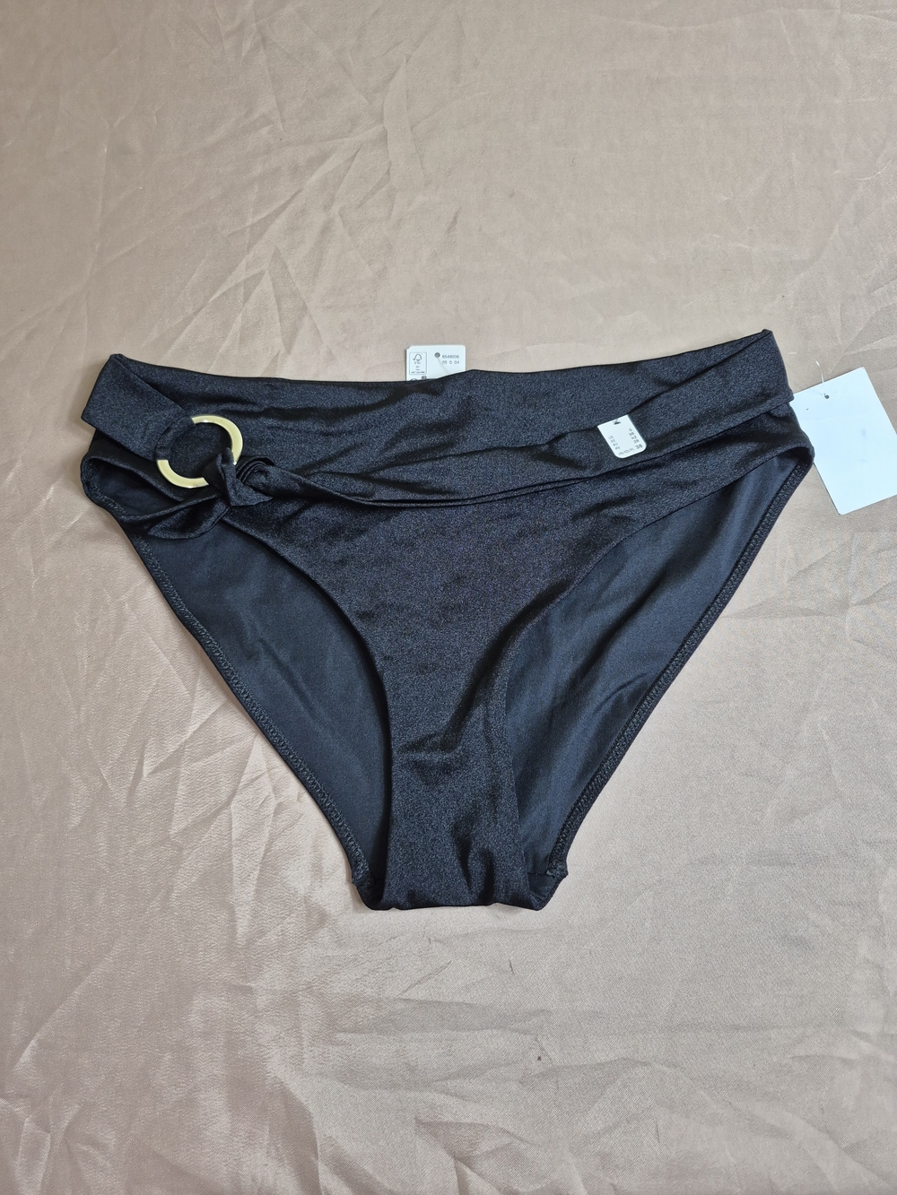 Etam Black Shimmer Hipster Bikini Bottoms Gold Ring Detail US S NWT